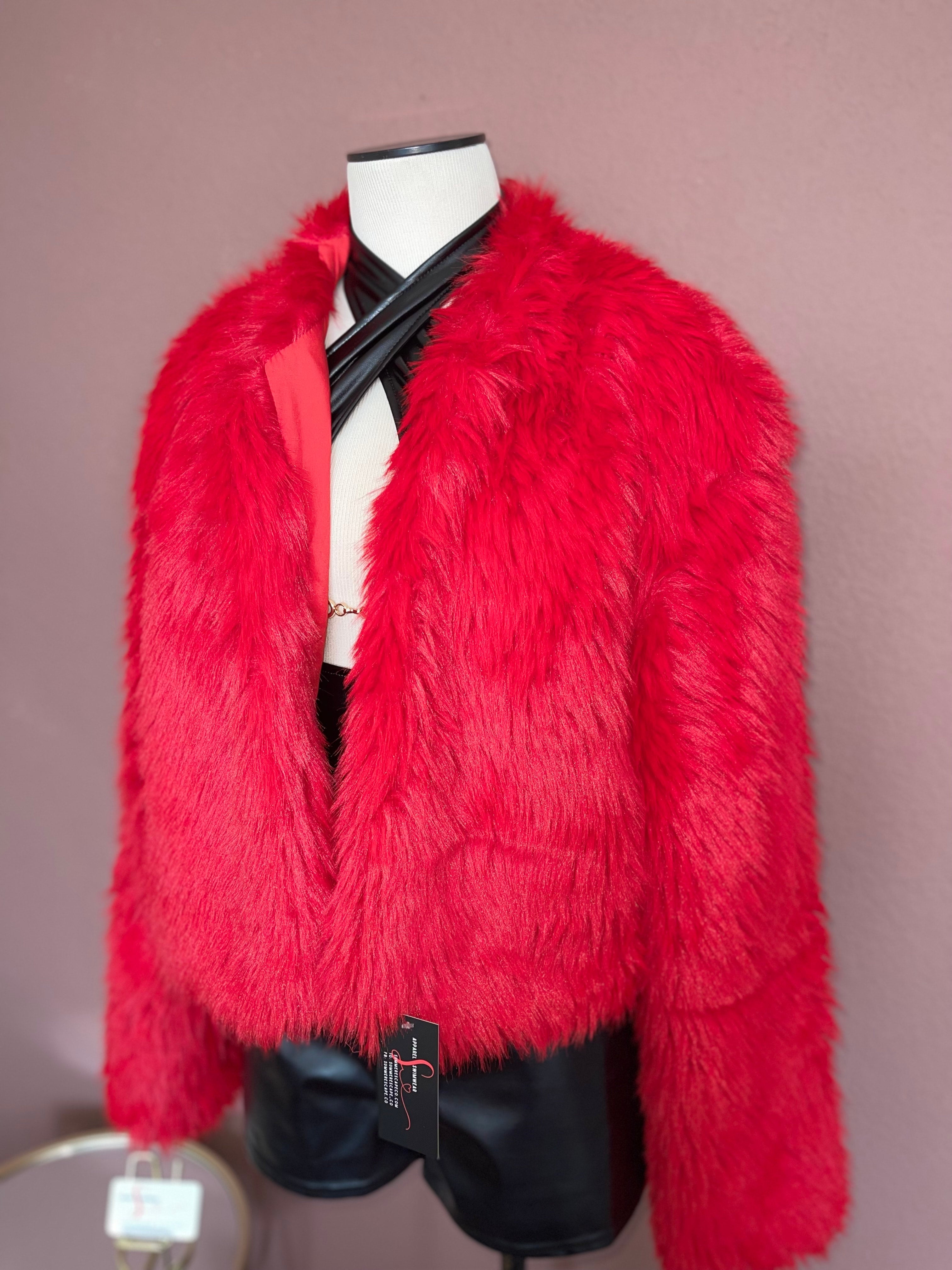 TIME TO SHINE FRINGE FAUX FUR COAT IN RED