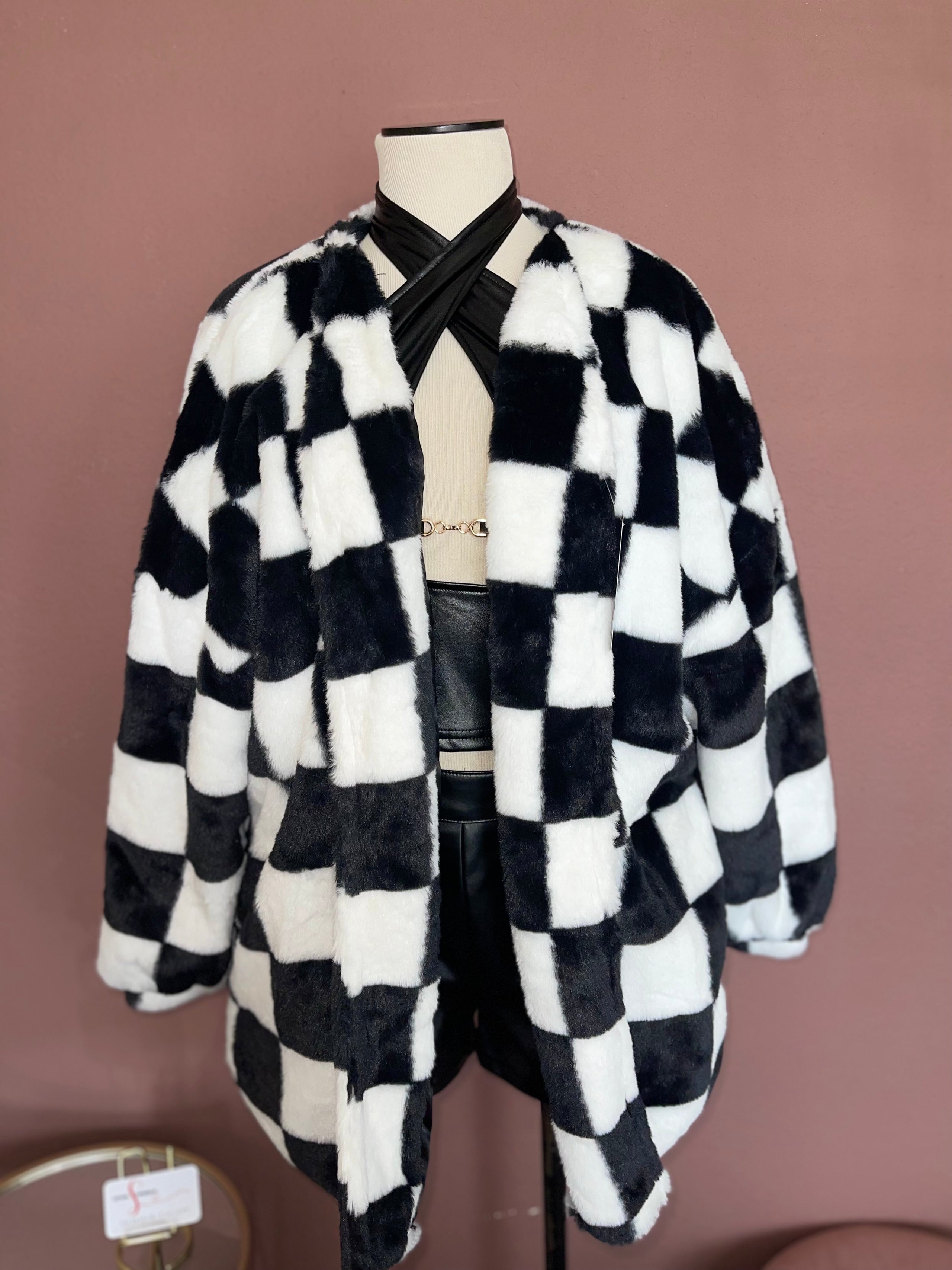 Checkered Fur Coat Plus