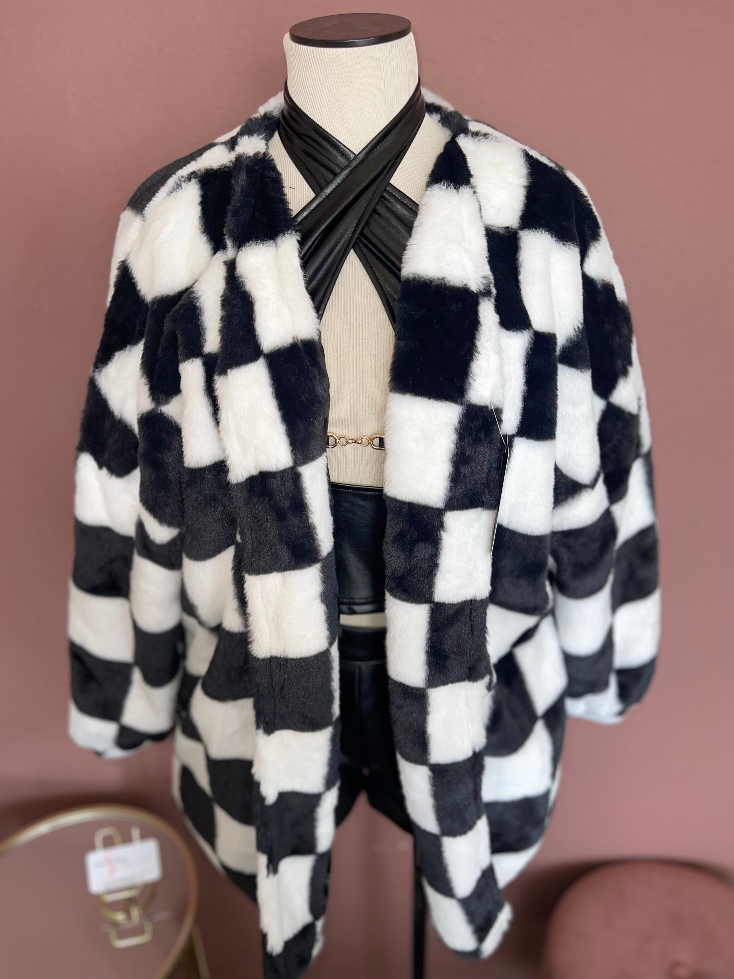 Checkered fur clearance coat